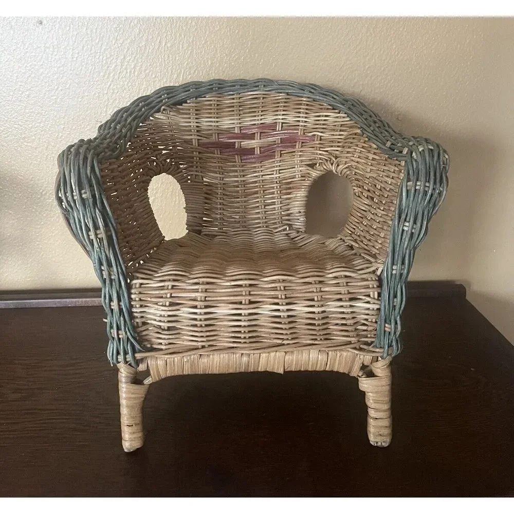 Vtg Beige Rattan Wicker Doll Rocker Cottage Style American‎ Girl Size Boho Decor